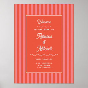 Coral Red Stripe Vintage Wedding Welcome Poster