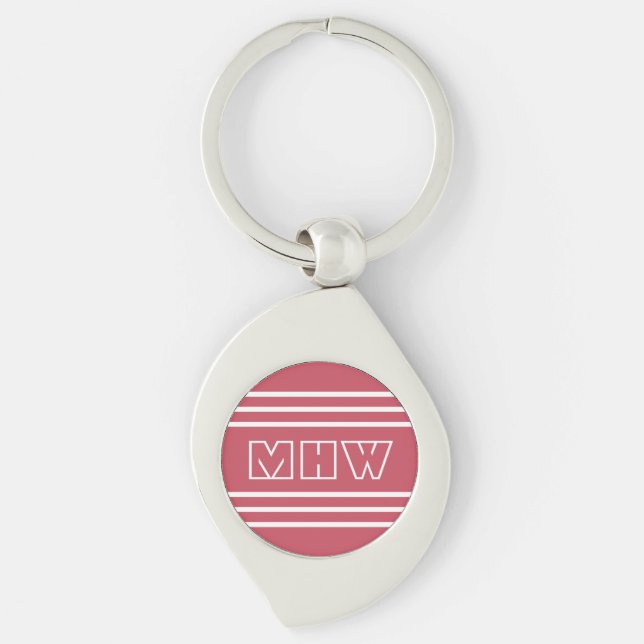 Coral Red Stripes custom monogram key chain (Front)