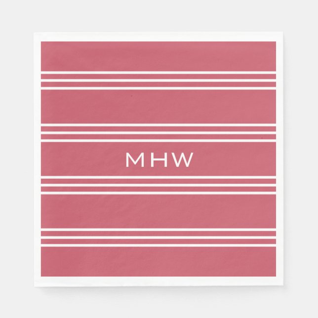 Coral Red Stripes custom monogram paper napkins (Front)