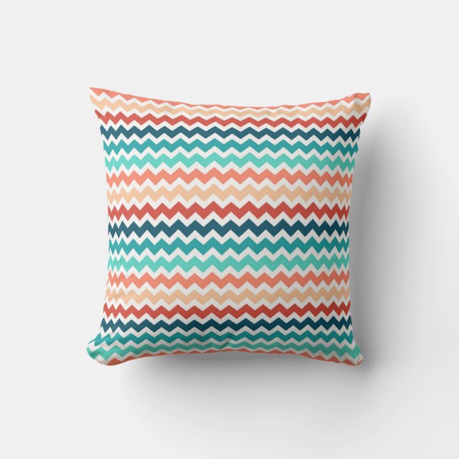 Coral Red Teal Chevron Decorative Pillow (Front)