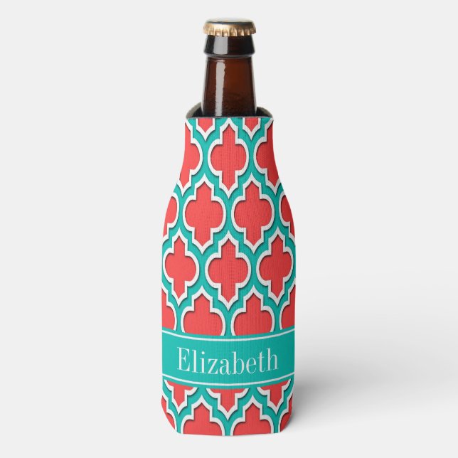 Coral Red, Teal Moroccan #4DS Teal Name Monogram Bottle Cooler (Bottle Front)