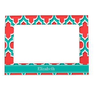 Coral Red, Teal Moroccan #4DS Teal Name Monogram Magnetic Frame