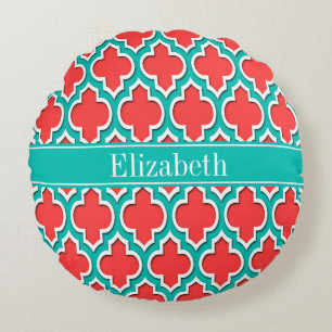 Coral Red, Teal Moroccan #4DS Teal Name Monogram Round Cushion
