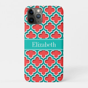 Coral Red, Teal Moroccan #5DS Teal Name Monogram iPhone 11 Pro Case