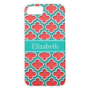 Coral Red, Teal Moroccan #5DS Teal Name Monogram iPhone 8/7 Case