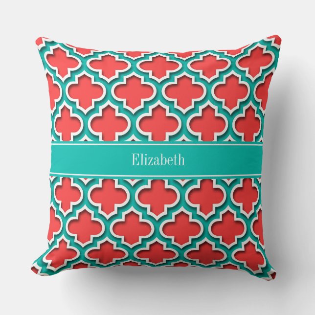 Coral Red, Teal Moroccan #5DS Teal Name Monogram Cushion (Front)