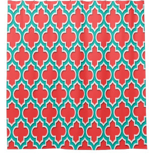 Coral Red Teal White XL Moroccan #4DS Shower Curtain