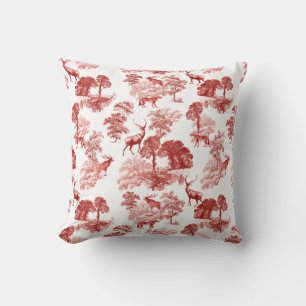Coral Red Toile Stag Buck Deer Fox Forest Pattern Cushion