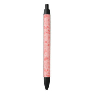 Coral Red Tropical Floral Pattern Black Ink Pen