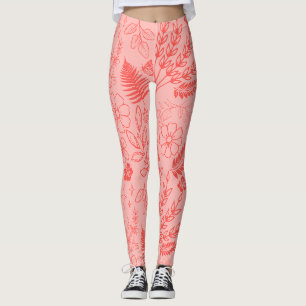 Coral Red Tropical Floral Pattern  Leggings
