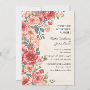 Coral Red Watercolor Floral Wedding Invitation