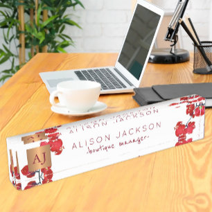 Coral red watercolor orchid copper monogrammed nameplate