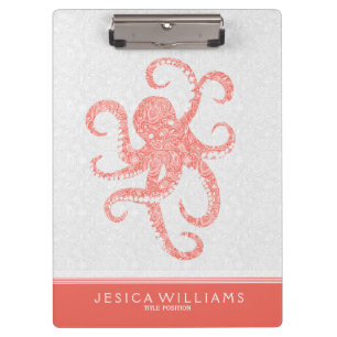 Coral Red White Cute Octopus Illustration Clipboard