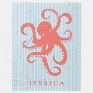 Coral Red White Cute Octopus Illustration Fleece Blanket