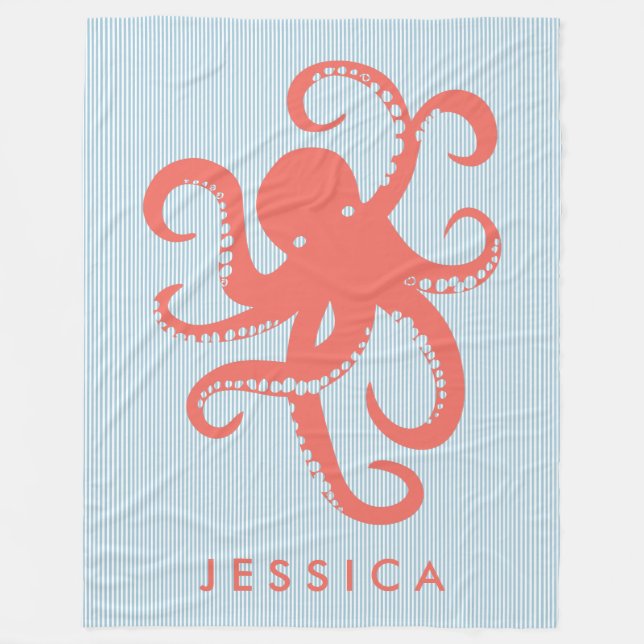 Coral Red White Cute Octopus Illustration Fleece Blanket (Front)