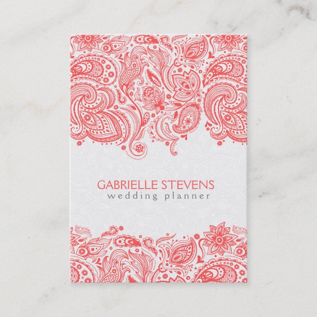 Coral-Red & White Floral Paisley Lace Business Card (Front)