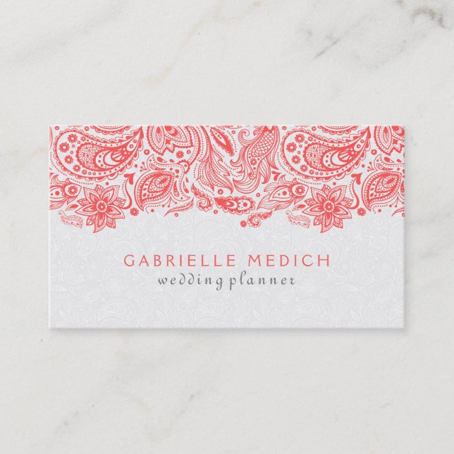 Coral-Red & White Floral Paisley Lace Business Card (Front)