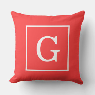 Coral Red White Framed Initial Monogram Cushion