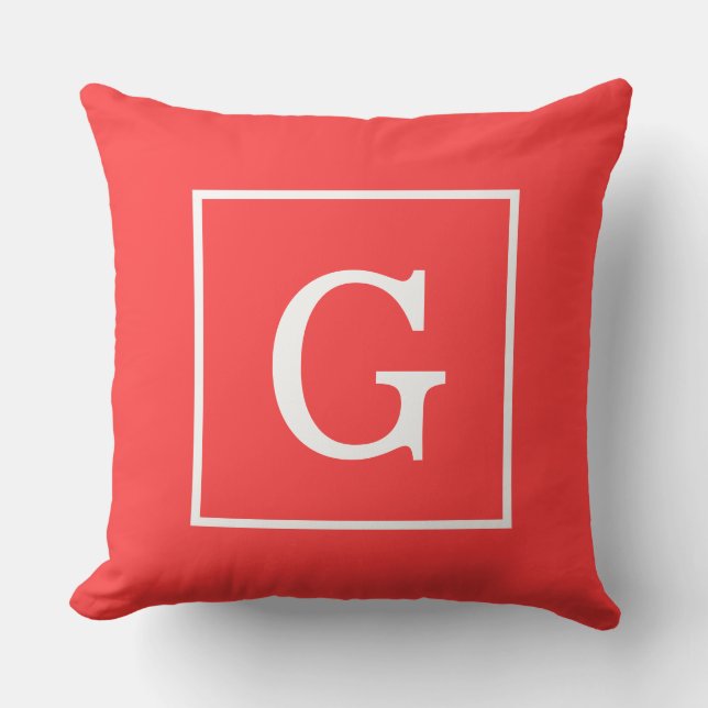 Coral Red White Framed Initial Monogram Cushion (Front)