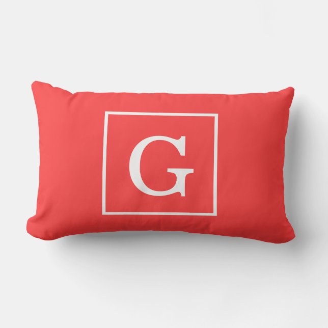 Coral Red White Framed Initial Monogram Lumbar Cushion (Front)