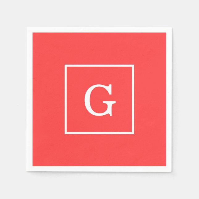 Coral Red White Framed Initial Monogram Napkin (Front)