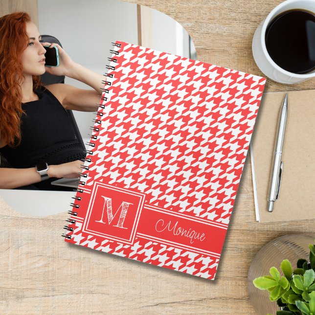 Coral Red White Houndstooth | Modern Monogram Notebook (Creator Uploaded)