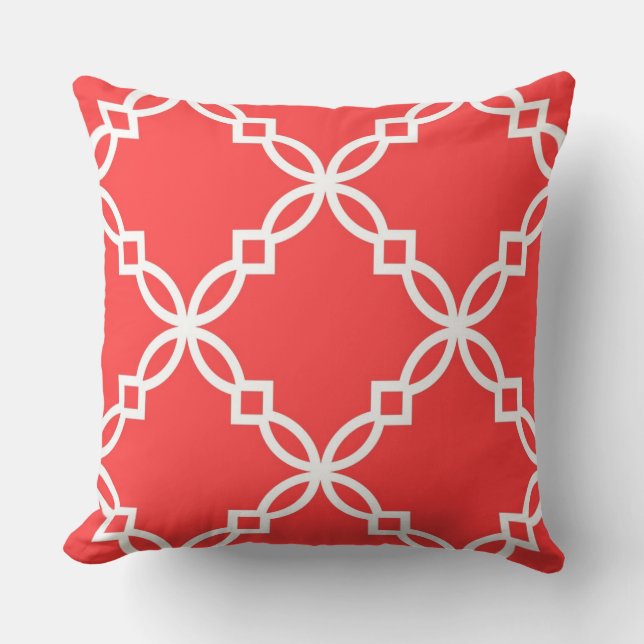 Coral Red White Large Fancy Quatrefoil Pattern Cushion (Front)