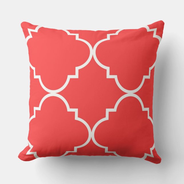 Coral Red White Large Quatrefoil Pattern Cushion (Front)
