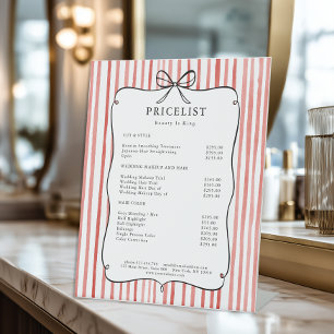 Coral Red White Stripe Vintage Bow Price List Pedestal Sign