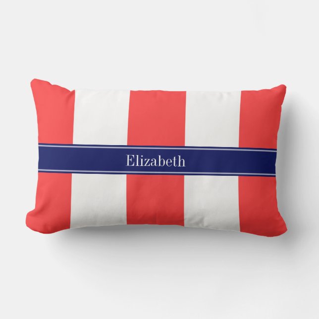 Coral Red, White XL Stripes, Navy 5c Name Monogram Lumbar Cushion (Front)