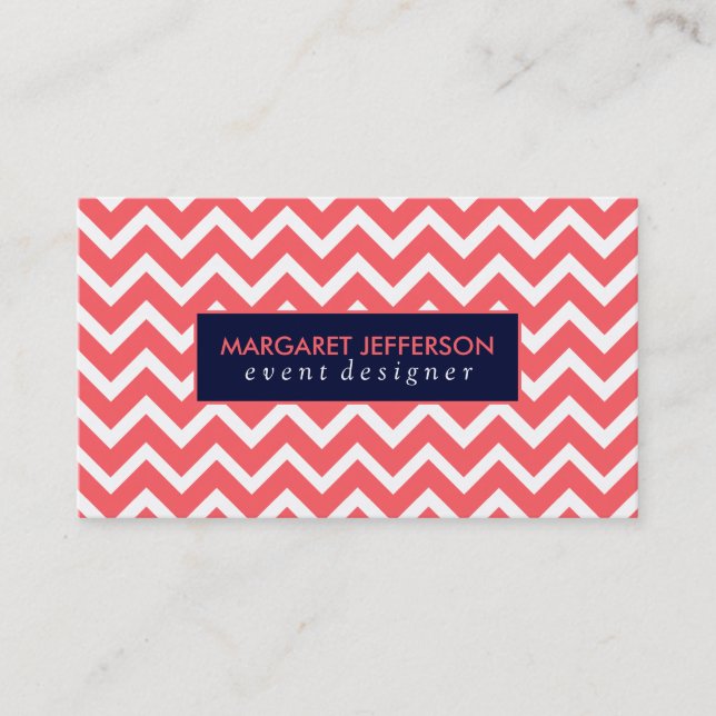 Coral-Red & White Zigzag Chevron, Blue Accents Business Card (Front)