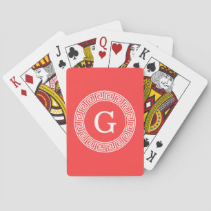 Coral Red Wht Greek Key Rnd Frame Initial Monogram Playing Cards