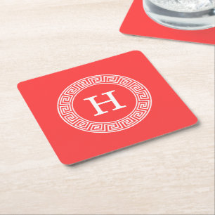 Coral Red Wht Greek Key Rnd Frame Initial Monogram Square Paper Coaster