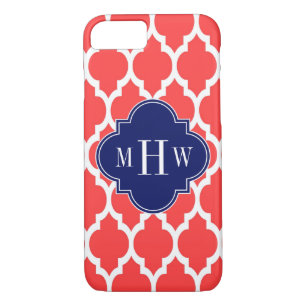 Coral Red Wht Moroccan #4 Navy Name Monogram iPhone 8/7 Case