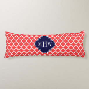 Coral Red Wht Moroccan #5 Navy 3 Initial Monogram Body Cushion