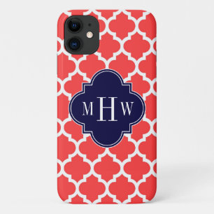 Coral Red Wht Moroccan #5 Navy 3 Initial Monogram iPhone 11 Case