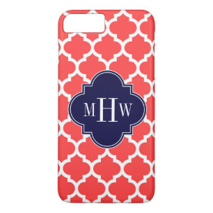 Coral Red Wht Moroccan #5 Navy 3 Initial Monogram iPhone 8 Plus/7 Plus Case