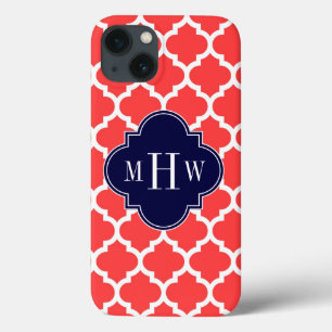 Coral Red Wht Moroccan #5 Navy 3 Initial Monogram iPhone 13 Case