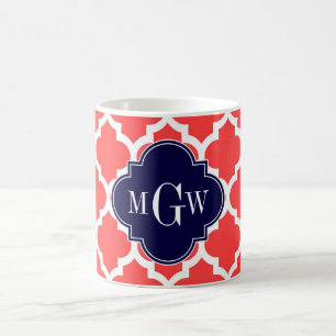 Coral Red Wht Moroccan #5 Navy 3 Initial Monogram Coffee Mug