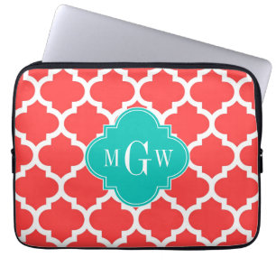 Coral Red Wht Moroccan #5 Teal 3 Initial Monogram Laptop Sleeve