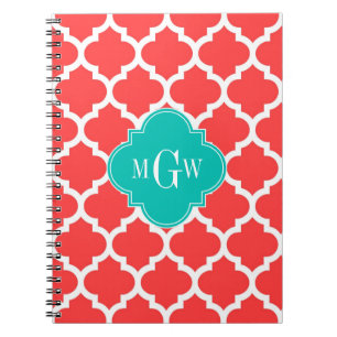 Coral Red Wht Moroccan #5 Teal 3 Initial Monogram Notebook
