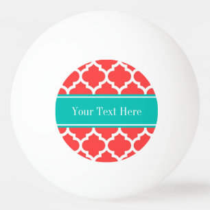 Coral Red Wht Moroccan #5 Teal Name Monogram Ping Pong Ball