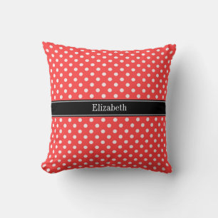 Coral Red, Wht Polka Dots Black Name Monogram Cushion
