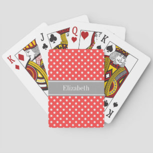 Coral Red, Wht Polka Dots Dark Grey Name Monogram Playing Cards