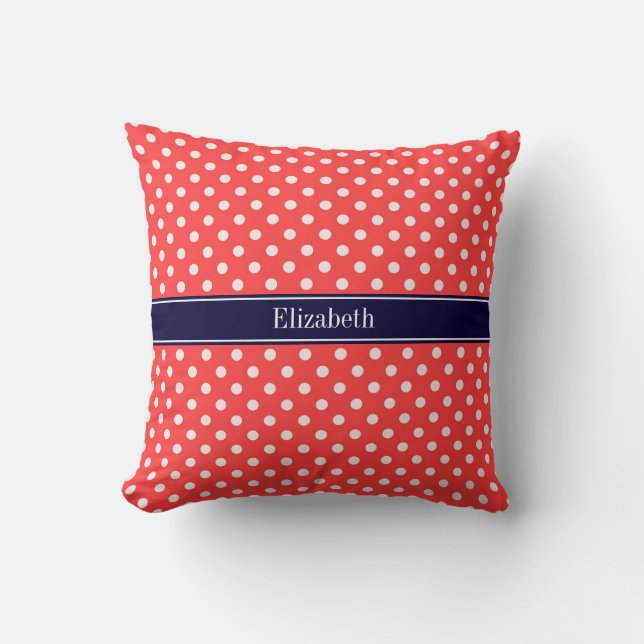 Coral Red, Wht Polka Dots Navy Blue Name Monogram Cushion (Front)