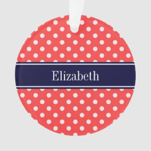 Coral Red, Wht Polka Dots Navy Blue Name Monogram Ornament