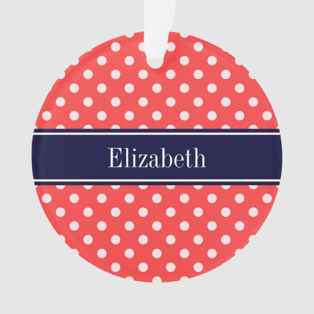 Coral Red, Wht Polka Dots Navy Blue Name Monogram Ornament (Front)