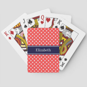 Coral Red, Wht Polka Dots Navy Blue Name Monogram Playing Cards