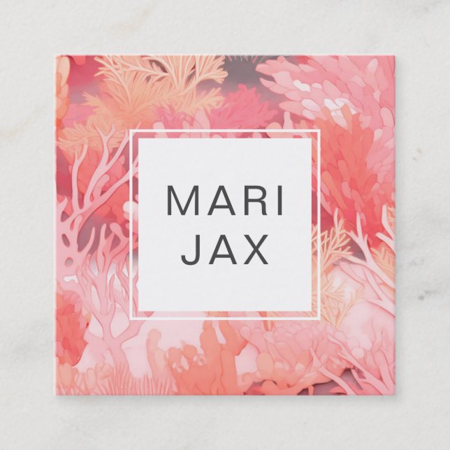 Coral reef and blush pink abstract square business card (Front)