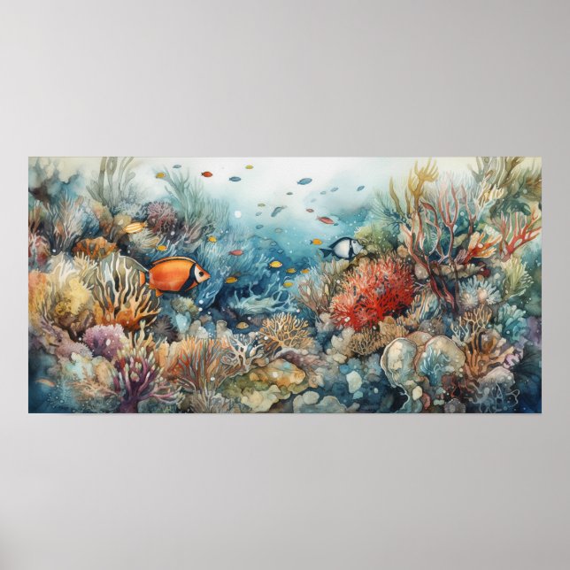 Coral reef and fishes watercolor poster (Front)